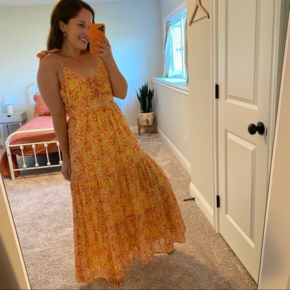 Banjanan Yellow Pink Floral Cutout Cotton Maxi Dress Small - Picture 6 of 16